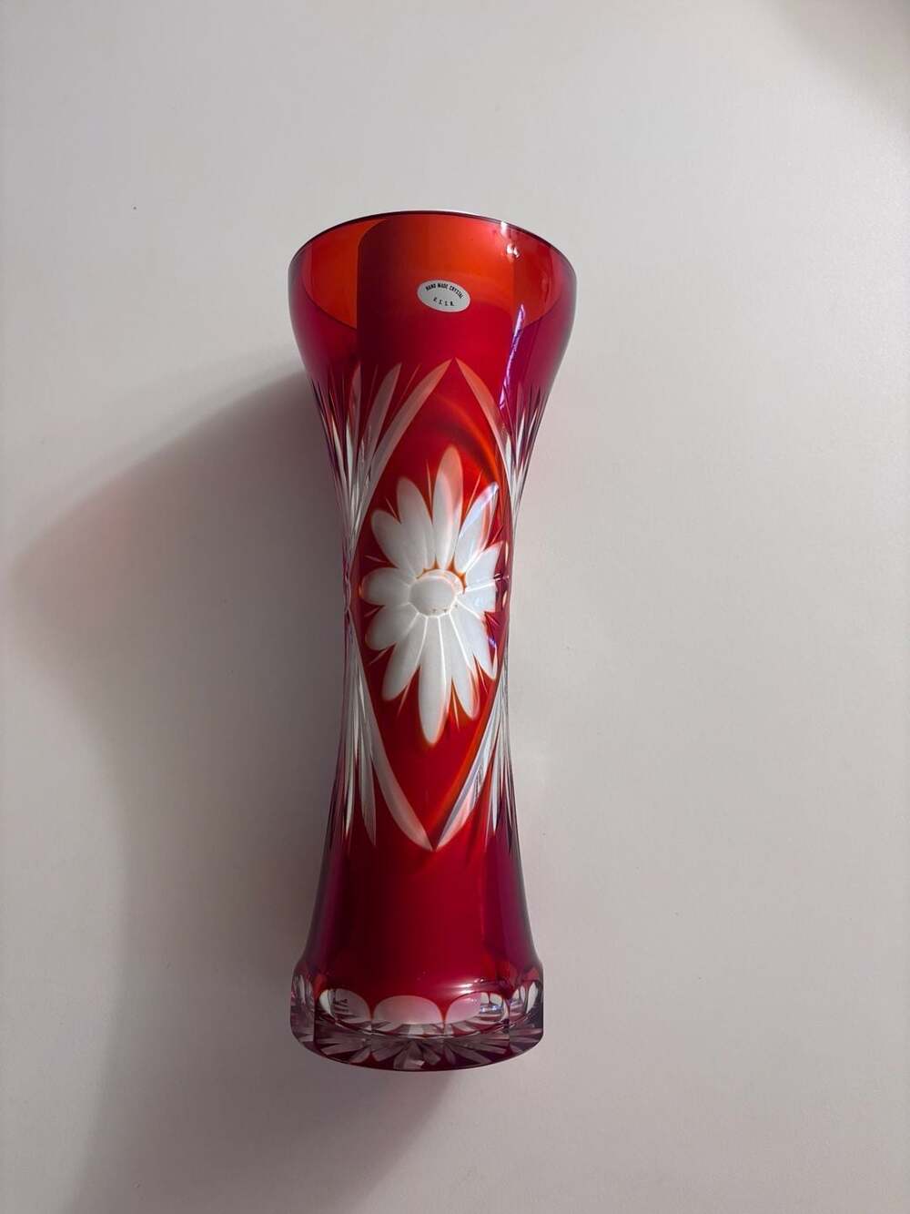 Vintage Soviet Hand Made Crystal Red Cut-to-Clear Floral Vase